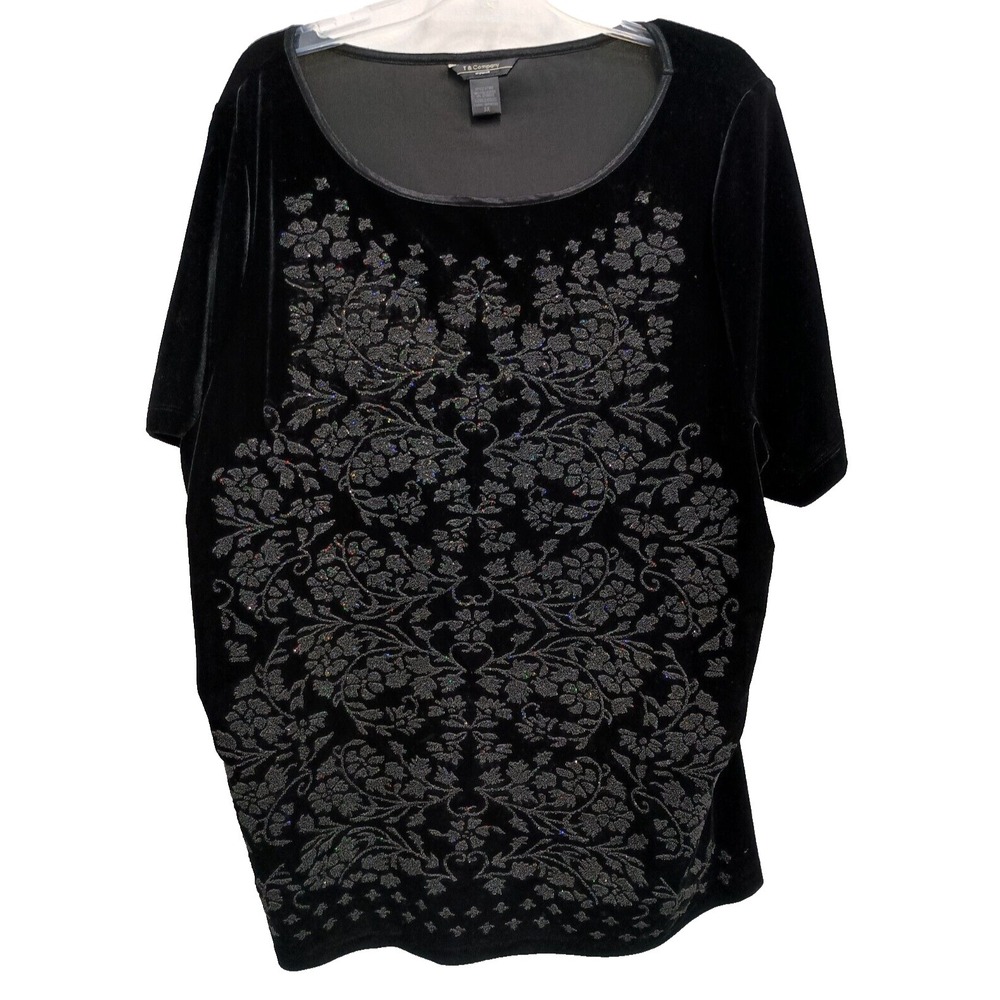 Vintage T & Company Womens Velvet Beaded Top Size 3X Black Short Sleeve Floral